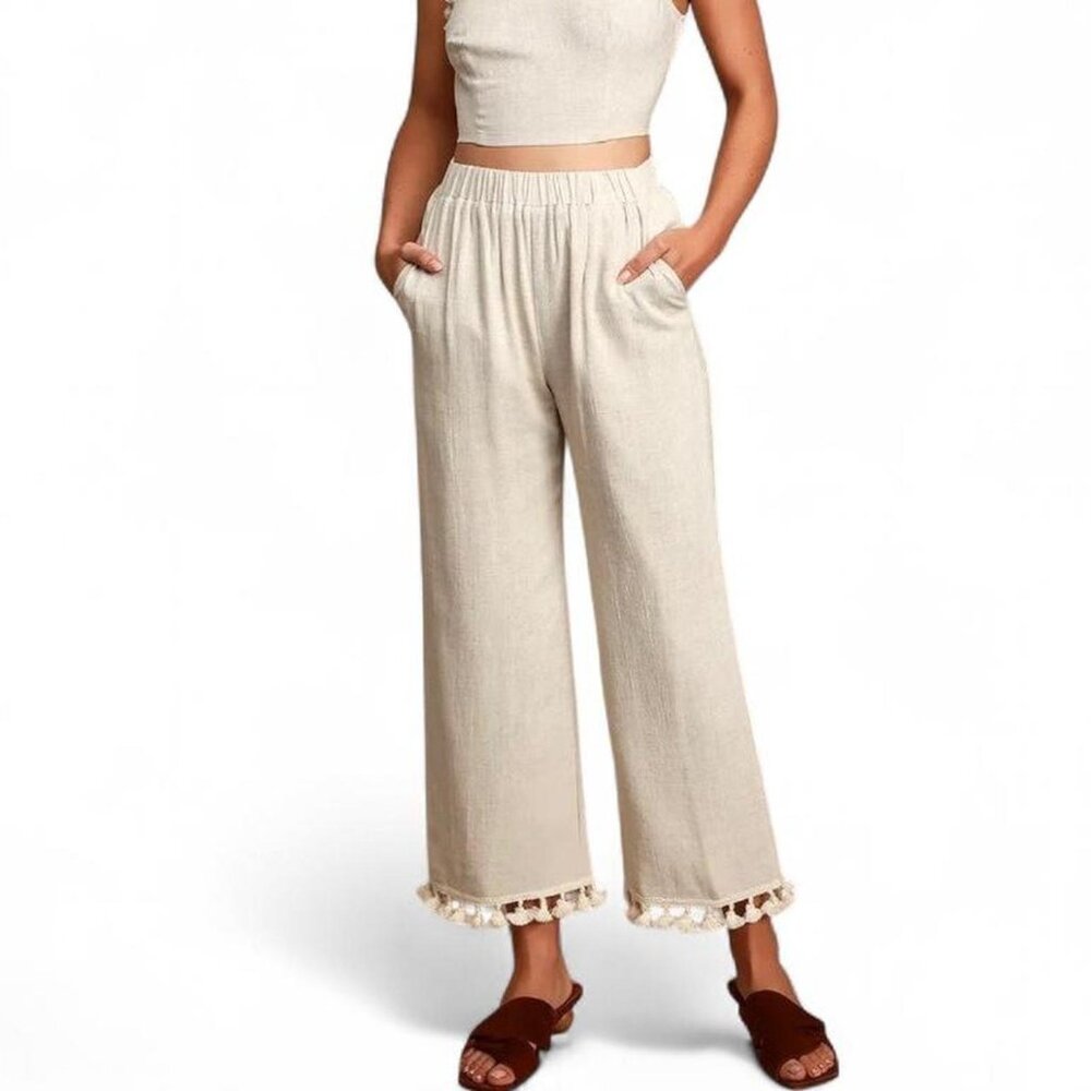 Lulus Line in the Sand Beige Wide-Leg Tassel Pants